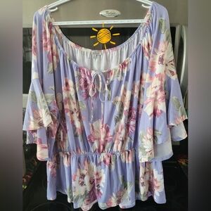 Lavender Floral Blouse with Ruffle Sleeves